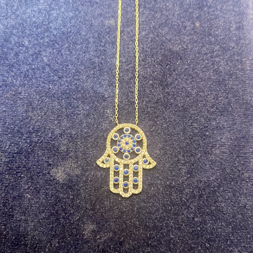 Sterling Silver Cubic Zirconia 17" Hamsa Necklace with white and blue stones